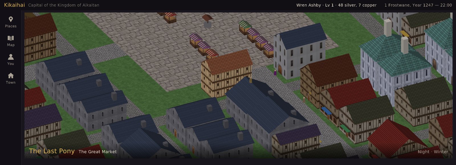 An evening in a capital: tiled roofs, a market square, the inn's name and the town's story below.